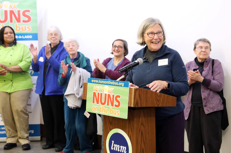 Sister Simone Campbell, executive director of Network, speaks at a pre-election rally at Lutheran Metropolitan Ministries headquarters on Oct. 20 in Cleveland. (CNS photo/Dennis Sadowski)