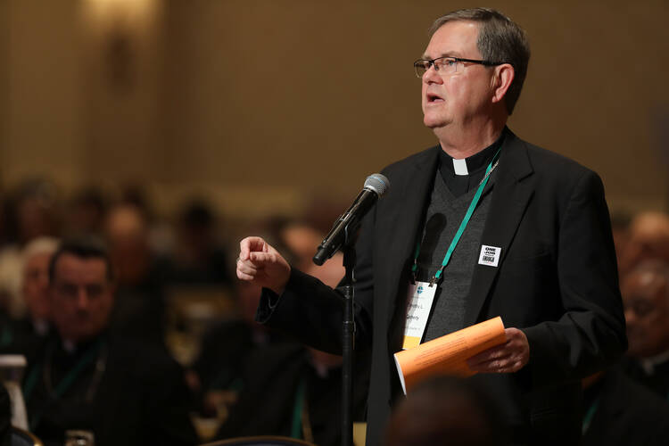 Bishop Timothy L. Doherty of Lafayette, Ind., speaks from the floor in November 2018 during the fall general assembly of the U.S. Conference of Catholic Bishops in Baltimore. (CNS photo/Bob Roller) 