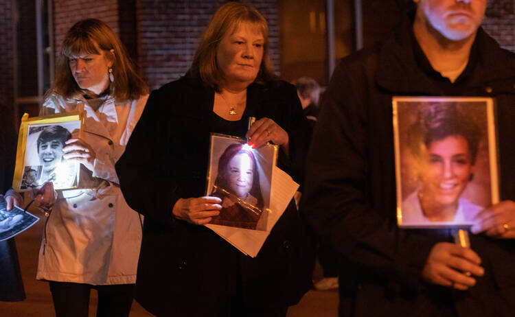 Supporters of the Survivors Network of those Abused by Priests (SNAP) outside the assembly of the United States Conference of Catholic Bishops in Baltimore on Nov. 12, 2018. (CNS photo/Kevin J. Parks, Catholic Review) 
