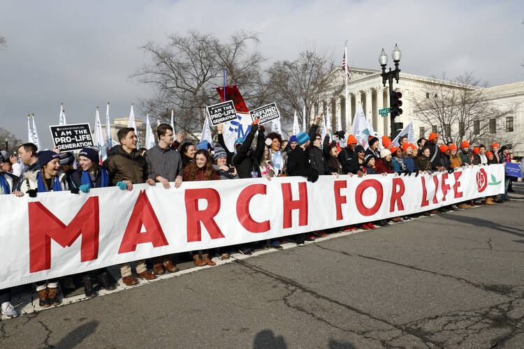 Pro-life advocates pass the U.S. Supreme Court during the annual March for Life on Jan. 18 in Washington. Disability rights groups are not often prominent in pro-life demonstrations. (CNS photo/Gregory A. Shemitz)