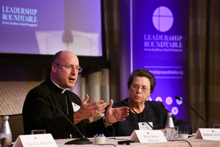 Bishop W. Shawn McKnight of Jefferson City, Mo., speaks at the Leadership Roundtable's Catholic Partnership Summit in Washington, D.C., on Feb. 1. (CNS photo/Ralph Alswang, courtesy Leadership Roundtable) 