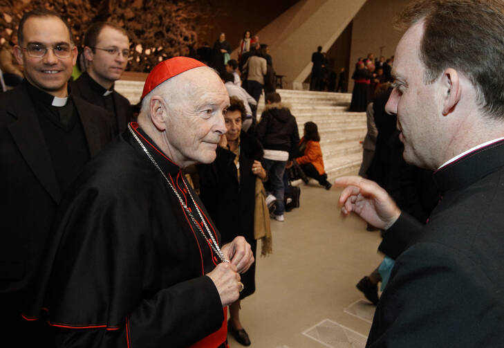  Then-Cardinal Theodore E. McCarrick attends a reception for new cardinals in Paul VI hall at the Vatican Nov. 20, 2010. Among the new cardinals was Cardinal Donald W. Wuerl of Washington, successor to Cardinal McCarrick as archbishop of Washington. (CNS photo/Paul Haring) 