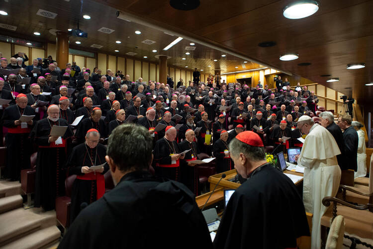Pope Francis leads the opening session of the meeting on the protection of minors. (CNS photo/Vatican Media) 