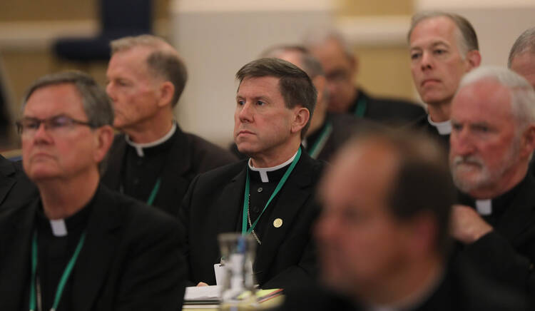 Bishop J. Mark Spalding of Nashville, Tenn., center, listens to a speaker on the first day of the spring general assembly of the U.S. Conference of Catholic Bishops in Baltimore June 11, 2019. (CNS photo/Bob Roller)