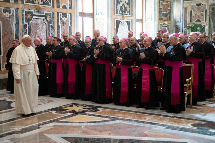 Pope Francis meets with nuncios from around the world at the Vatican in June. (CNS photo/Vatican Media)