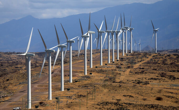 An aerial view shows the power-generating wind turbines seen at northern Kenya's Lake Turkana Wind Power Project Sept. 4, 2018, in Loyangalani, Kenya. Catholic leaders welcomed the project as good for the environment and for human development. (CNS photo/Thomas Mukoya, Reuters) 