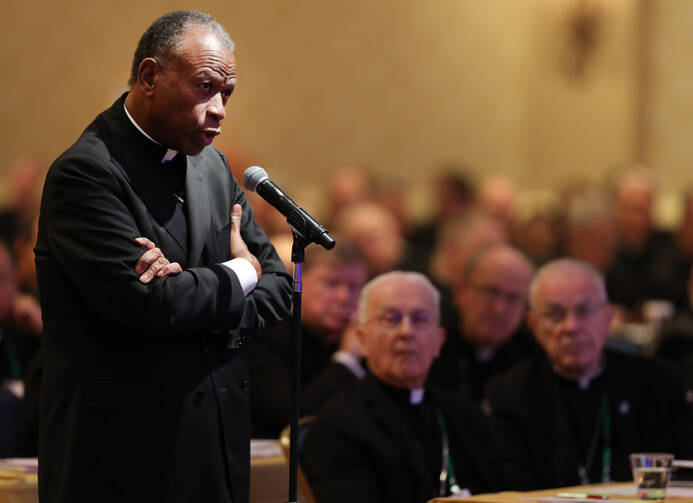 Bishop Edward K. Braxton of Belleville, Ill., speaks from the floor during last year's the fall general assembly of the U.S. Conference of Catholic Bishops in Baltimore. (CNS photo/Bob Roller)