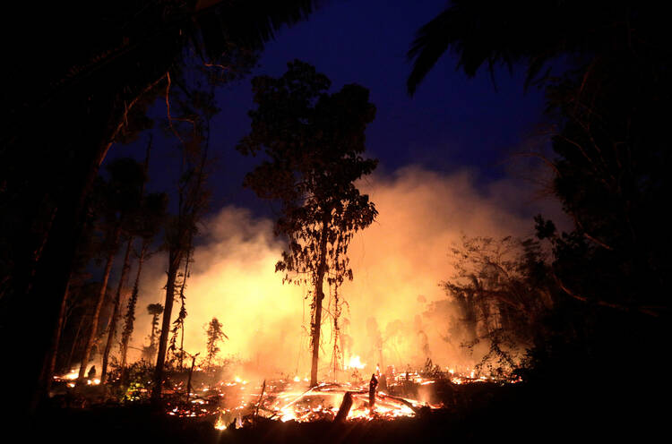 A fire burns a tract of Amazon jungle on Sept. 2, 2019, as it is cleared by a farmer in Machadinho do Oeste, Brazil. The Brazilian Catholic bishops are pressuring the government to guarantee the safety of several Amazonian indigenous peoples. (CNS photo/Ricardo Moraes, Reuters)