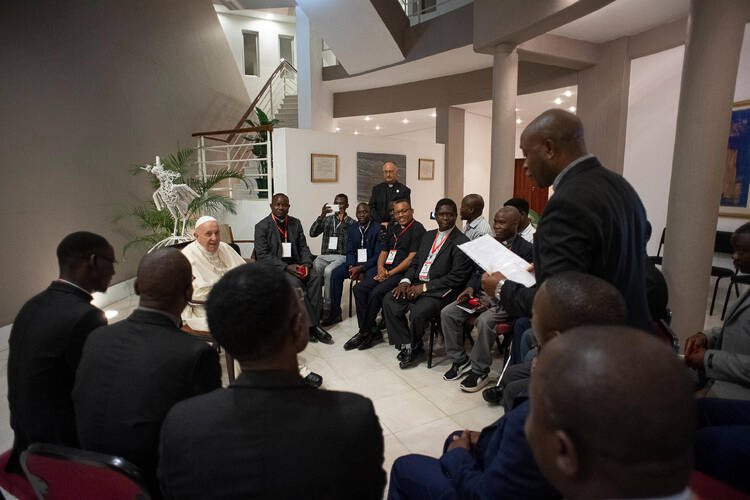 Pope Francis meets with Jesuits in Maputo, Mozambique, Sept. 5, 2019. (CNS photo/Vatican Media) 