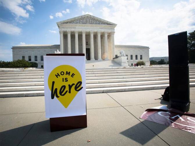 A podium is seen in front of the U.S. Supreme Court in Washington Oct. 2, 2019, prior to the start of a DACA demonstration. On Nov. 12, the court will hear arguments in a challenge to the Trump administration's termination of the Deferred Action for Childhood Arrivals. The case will affect the lives of more than 700,000 young people who were brought to the U.S. as minors without documentation. (CNS photo/Tyler Orsburn)