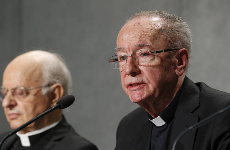 Brazilian Cardinal Claudio Hummes, relator general of the Synod of Bishops on the Amazon, speaks at a news conference to discuss the synod at the Vatican Oct. 3, 2019. Also pictured is Cardinal Lorenzo Baldisseri, secretary-general of the Synod of Bishops. (CNS photo/Paul Haring)