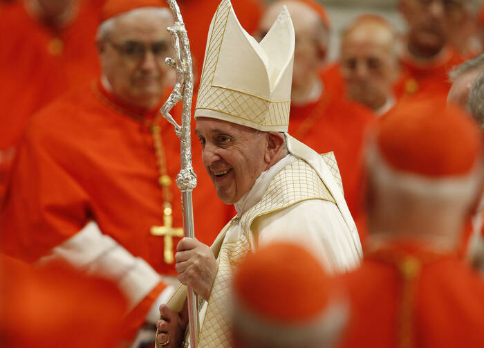 Pope Francis leaves in procession after a consistory for the creation of 13 new cardinals in St. Peter's Basilica at the Vatican on Oct. 5. (CNS photo/Paul Haring)