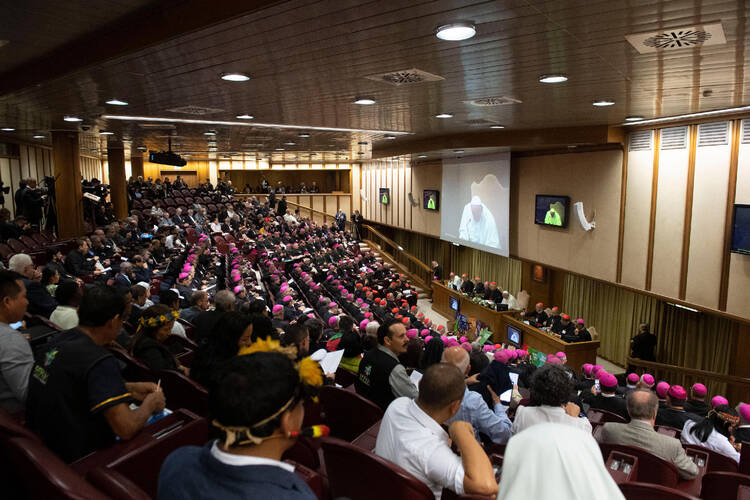 Pope Francis attends the first session of the Synod of Bishops for the Amazon at the Vatican Oct. 7, 2019. (CNS photo/Vatican Media)