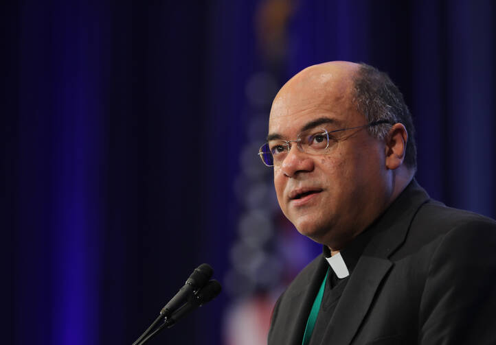 Bishop Shelton J. Fabre of Houma-Thibodaux, La., chair of the U.S. Conference of Catholic Bishops' Ad Hoc Committee Against Racism, speaks during the fall general assembly of the U.S. Conference of Catholic Bishops in Baltimore Nov. 13, 2019. (CNS photo/Bob Roller)