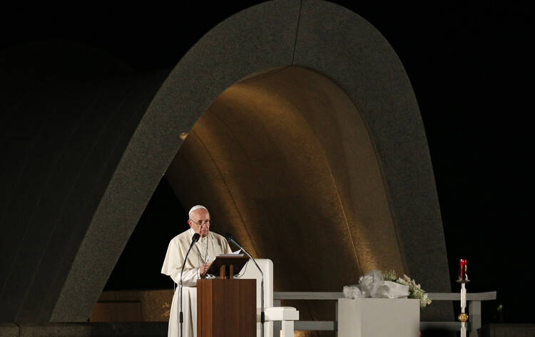 Pope Francis speaks during a meeting for peace at the Hiroshima Peace Memorial in Hiroshima, Japan, Nov. 24, 2019. 