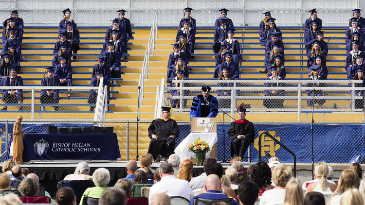 John Flanery, president of Bishop Heelan Catholic Schools in Sioux City, Iowa, speaks to graduating seniors and their families June 27, 2020, during the coronavirus pandemic. (CNS photo/Jerry L Mennenga)