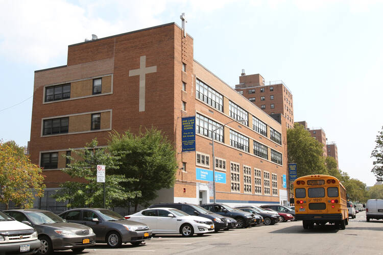 Our Lady Queen of Angels School in the East Harlem section of New York City is seen in this 2015 file photo. On July 9, the Archdiocese of New York announced that financial fallout from the COVID-19 pandemic is forcing it to close numerous Catholic schools. The East Harlem school is not among them. The Diocese of Brooklyn, N.Y. also has announced school closures. 