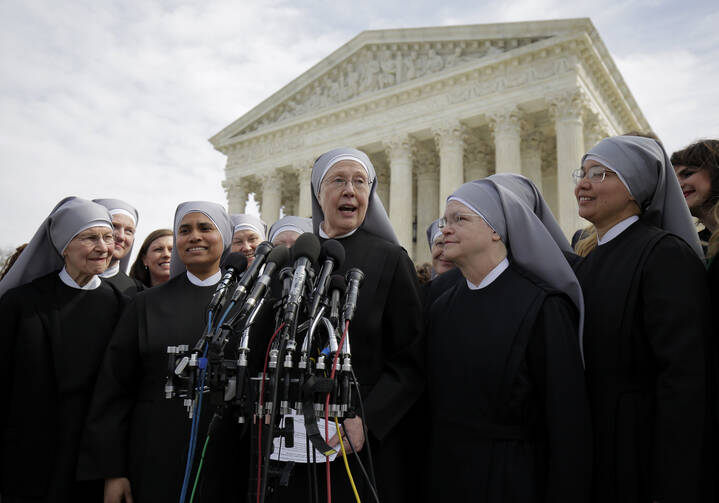 07.08.2020 In this 2016 file photo, Sister Loraine Marie Maguire, mother provincial of the Denver-based Little Sisters of the Poor, speaks to the media outside the U.S. Supreme Court in Washington. (CNS photo/Joshua Roberts, Reuters) 