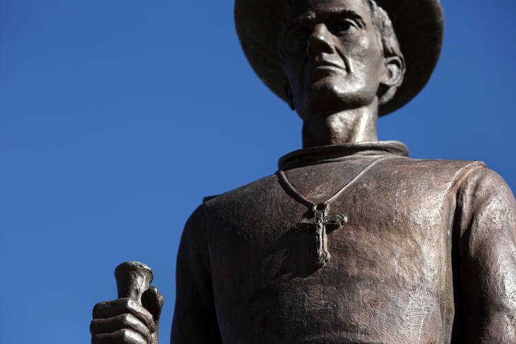 In this 2017 file photo, a statue of Jesuit missionary Father Eusebio Kino stands in Kino Park in Nogales, Ariz. On July 13, 2020, Pope Francis recognized Father Kino's heroic virtues, giving him the title "venerable" and advancing his sainthood cause. (CNS photo/Nancy Wiechec) 
