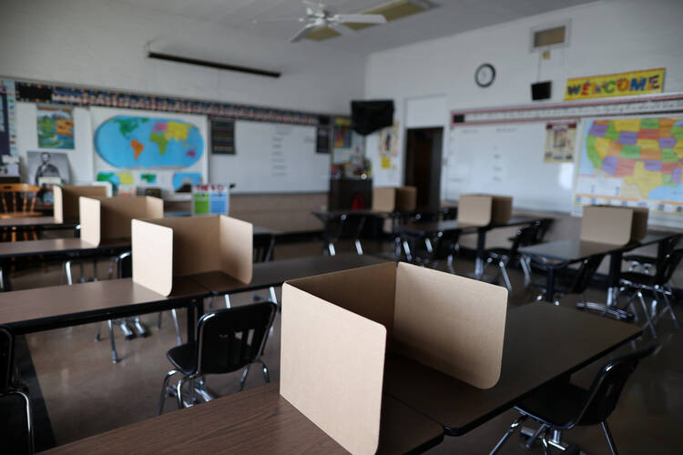 Social-distancing dividers for students at St. Benedict School in Montebello, Calif., on July 14, 2020. (CNS photo/Lucy Nicholson, Reuters)
