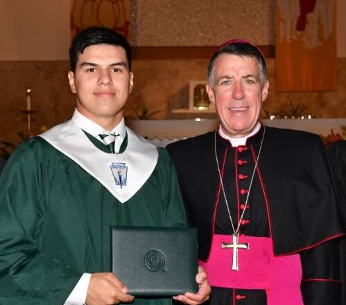 Dan Anderl poses for a photo with Bishop James F. Checchio of Metuchen, N.J., in this 2018 photo. The son of New Jersey federal Judge Esther Salas, he was fatally shot at her North Brunswick home July 19, 2020. (CNS screen grab/St. Joseph High School) 