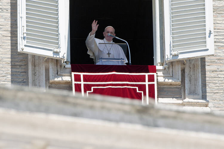 In this file photo, Pope Francis speaks to pilgrims in St. Peter's Square during the Angelus last week, on July 19. (CNS photo/IPA-Sipa USA via Reuters) 