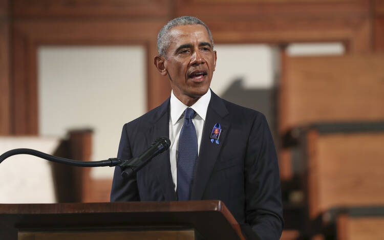 Former President Barack Obama, addresses the service during the funeral for the late Rep. John Lewis, D-Ga., at Ebenezer Baptist Church in Atlanta, July 30. (Alyssa Pointer/Atlanta Journal-Constitution via AP, Pool)