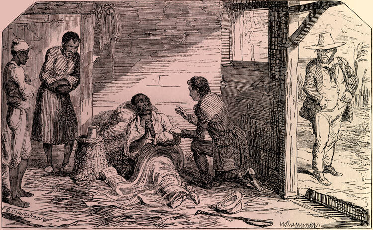 An illustration of the death of Uncle Tom from Harriet Beecher Stowe’s Uncle Tom’s Cabin (Illustration: Etching by George Cruikshank, 1852/Alamy).