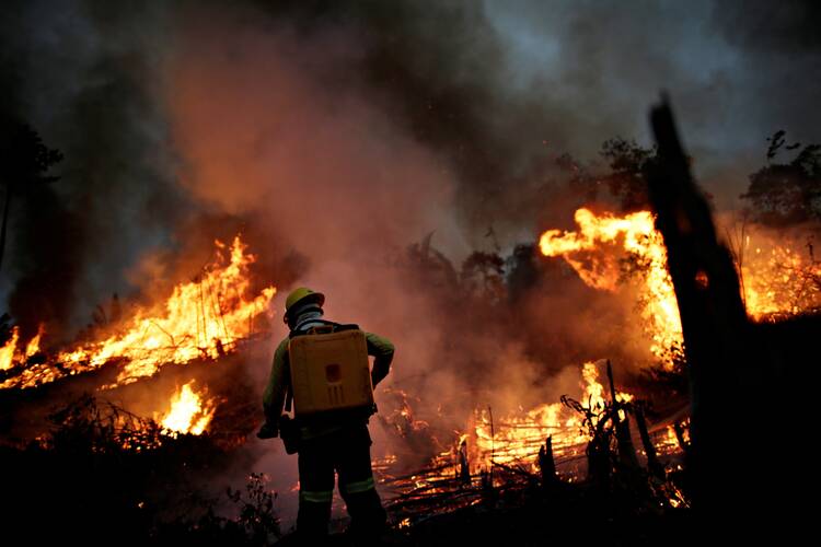 A member of the Brazilian Institute for the Environment and Renewable Natural Resources fire brigade attempts to control a fire in a tract of the Amazon jungle in Apui, Brazil, on Aug. 11. (CNS photo/Ueslei Marcelino, Reuters)