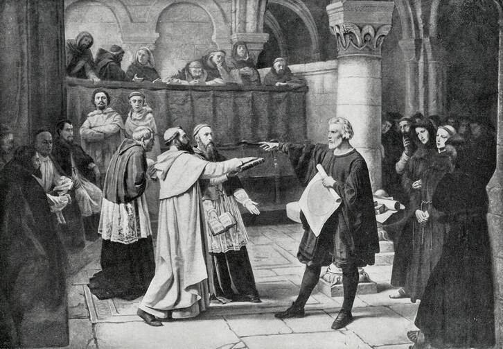 Engraving from 1894 showing Galileo Galilei at the Inquisition in 1633 (iStock)