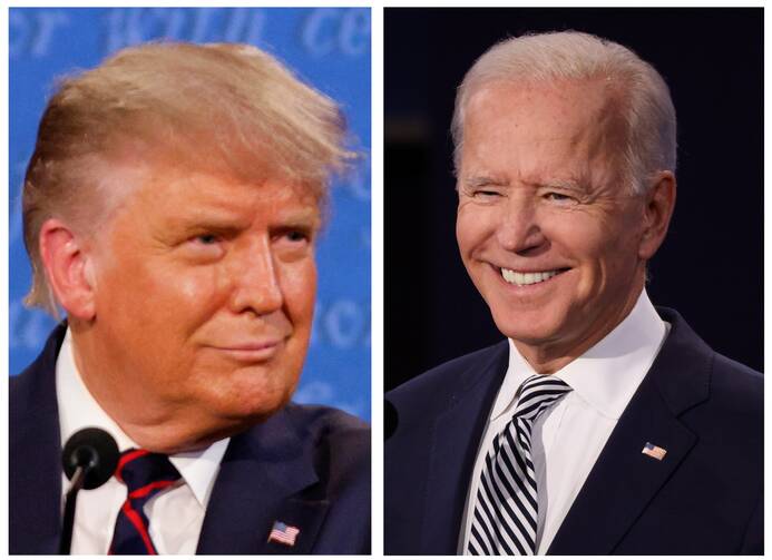 President Donald Trump and former Vice President Joe Biden, the Democratic nominee for president, are seen in this composite photo. (CNS composite/photos by Jonathan Ernst and Brian Snyder, Reuters)