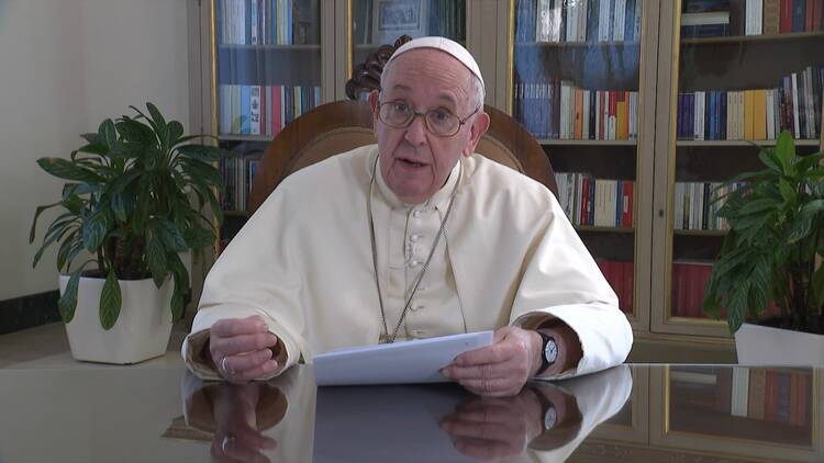 Pope Francis speaks in a recorded message for the TED event, "Countdown," in this still frame from a video released by the Vatican Oct. 10, 2020. The pope joined the global virtual event in support of solutions to climate change. (CNS photo/Vatican Press Office)