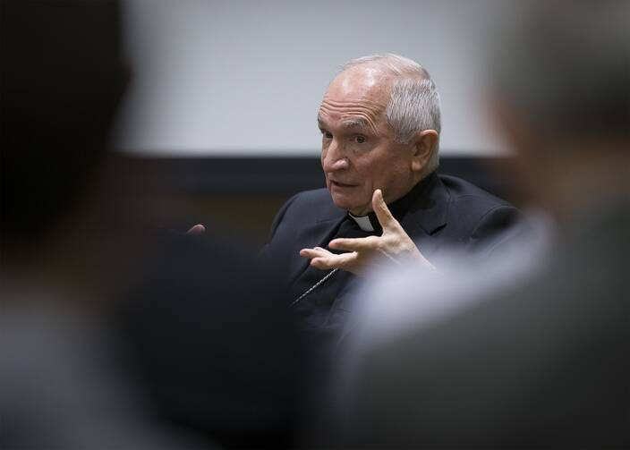 Archbishop Silvano Tomasi, an official in the Vatican's Dicastery for Promoting Integral Human Development, speaks Jan. 30, 2020, at The Catholic University of America in Washington. (CNS photo/Tyler Orsburn)