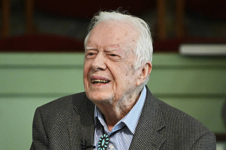 In this Nov. 3, 2019, photo, former President Jimmy Carter teaches Sunday school at Maranatha Baptist Church in Plains, Ga. (AP Photo/John Amis, File)