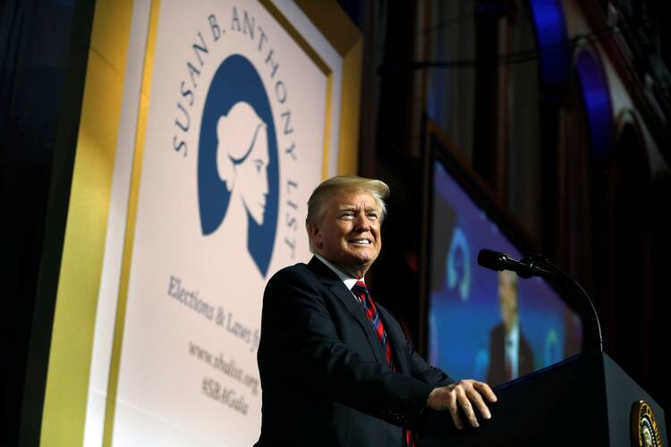 U.S. President Donald Trump gives the keynote address at the Susan B. Anthony List 11th Annual Campaign for Life Gala May on May 22, 2018, at the National Building Museum in Washington. (CNS photo/Al Drago, Reuters)