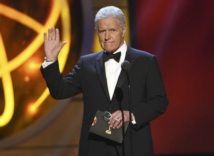 This May 5, 2019, file photo shows Alex Trebek gestures while presenting an award at the 46th annual Daytime Emmy Awards in Pasadena, Calif. Trebek died Sunday, Nov. 8, after battling pancreatic cancer for nearly two years (photo by Chris Pizzello/Invision/AP File).