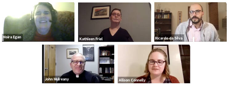 The image displays five photos of the five members of the prayer service's organizing committee: Moira Egan, a white woman in her 50s with dark hair (top left); Kathleen Friel, a white woman with short hair wearing glasses (top middle); Ricardo da Silva, S.J., a white man who is bald with a brown beard, wearing glasses (top right); Father John Mulreany, S.J., wearing clerical carb that is black, and glasses (bottom left); Allison Connelly, white woman, light brown hair and glasses (bottom right)