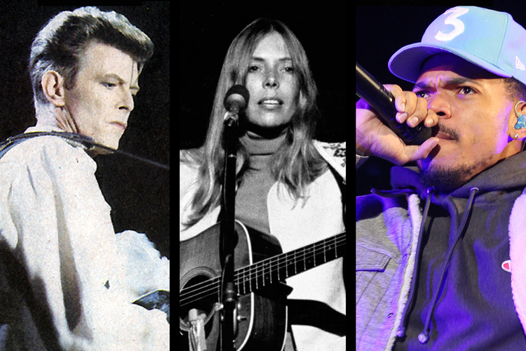 David Bowie, Joni MItchell and Chance the Rapper (Wikimedia)