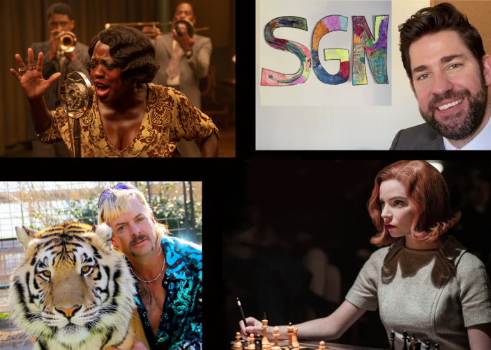 Clockwise: “Ma Rainey’s Black Bottom,” John Krasinski’s “Some Good News,” “The Queen’s Gambit” and “Tiger King” (photos: Netlfix, Youtube)