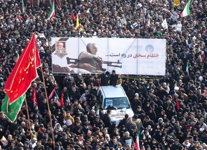 Mourners attend a funeral procession for Iranian Maj. Gen. Qasem Soleimani and Iraqi militia commander Abu Mahdi al-Muhandis in Tehran, Iran, Jan. 6, 2020. The two men were killed Jan. 3 in a U.S. drone airstrike at Baghdad International Airport. (CNS photo/Nazanin Tabatabaee/, West Asia News Agency via Reuters)