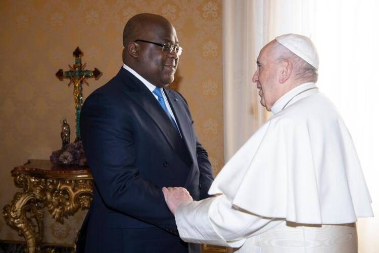 Pope Francis welcomes Congolese President Félix Tshisekedi to the Vatican Jan. 17, 2020. (CNS photo/Vatican Media)