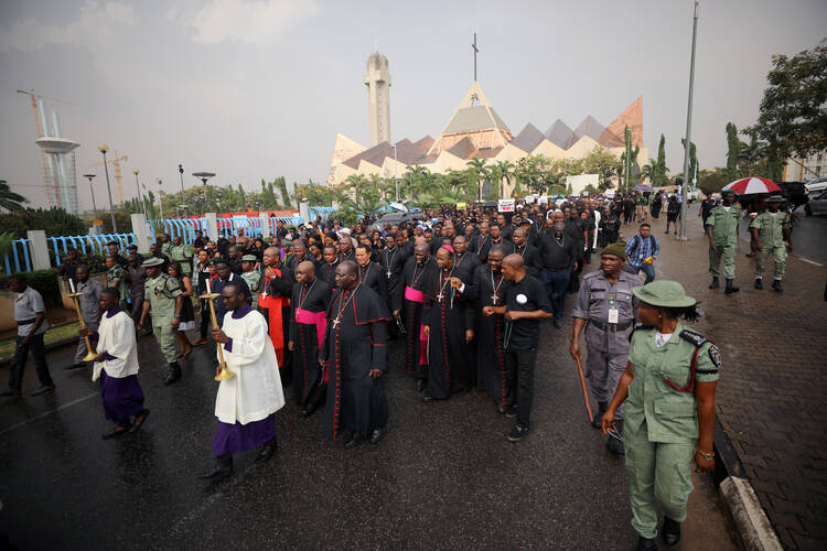 Prelates lead a protest in Abuja, Nigeria, over unending killings of Nigerians March 1, 2020. Nigerian bishops called on the international community to help the West African country in its fight against ethnic insecurity and terrorist groups such as Boko Haram. (CNS photo/Afolabi Sotunde, Reuters) 