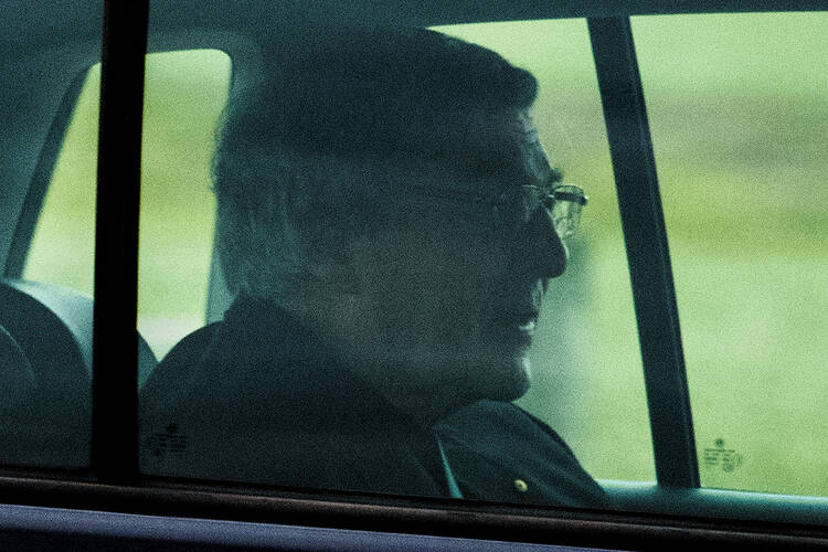 Cardinal George Pell is seen in a car after being released from Barwon prison in Geelong, Australia, April 7, 2020. (CNS photo/James Ross, AAP Image via Reuters)