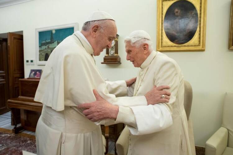 Pope Francis visits his predecessor, retired Pope Benedict XVI, at the Mater Ecclesiae Monastery at the Vatican in this Dec. 21, 2018, file photo. Pope Benedict celebrated his 93rd birthday April 16, 2020. (CNS photo/Vatican Media)