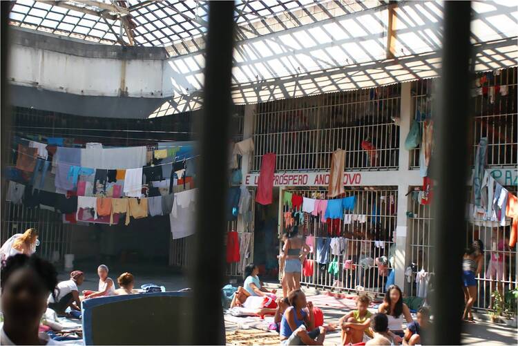 Women inmates with their faces obscured to protect their privacy are pictured at the Dacar Prison Unit 5 in São Paulo. (CNS photo/courtesy Prison Pastoral Ministry of Brazil)