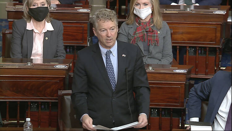 Sen. Rand Paul, Republican of Kentucky, makes a motion that the impeachment trial against former President Donald Trump is unconstitutional at the U.S. Capitol in Washington, on Jan. 26. (Senate Television via AP)