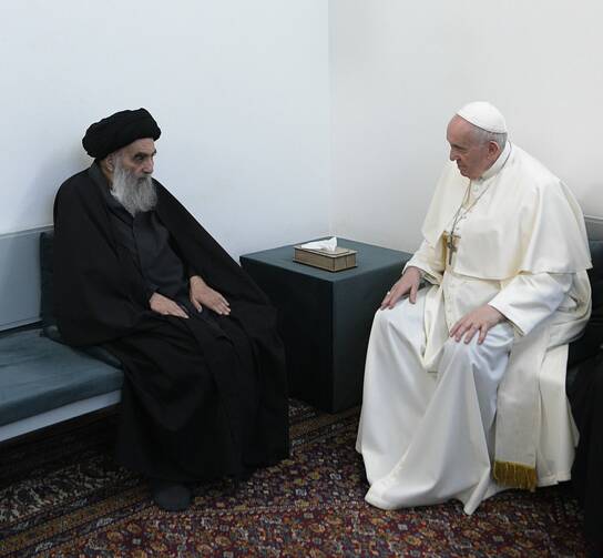 Ayatollah Ali al-Sistani, one of Shiite Islam's most authoritative figures, meets with Pope Francis in Najaf, Iraq, on March 6. (CNS photo/Vatican Media)