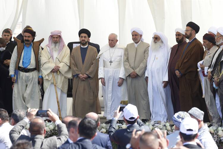 Pope Francis is pictured with religious leaders during an interreligious meeting on the plain of Ur near Nasiriyah, Iraq, March 6, 2021. (CNS photo/Paul Haring)