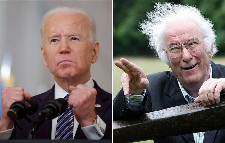 President Joe Biden (CNS photo/Tom Brenner) and Seamus Heaney (Reuters/Niall Carson/PA Wire) 