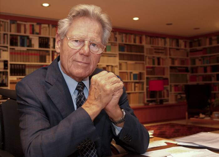 Father Hans Küng is pictured in his office in Tübingen, Germany, in this February 2008 file photo. Father Küng, a prominent and sometimes controversial theologian who taught in Germany, died April 6, 2021, at age 93. (CNS photo/Harald Oppitz, KNA)